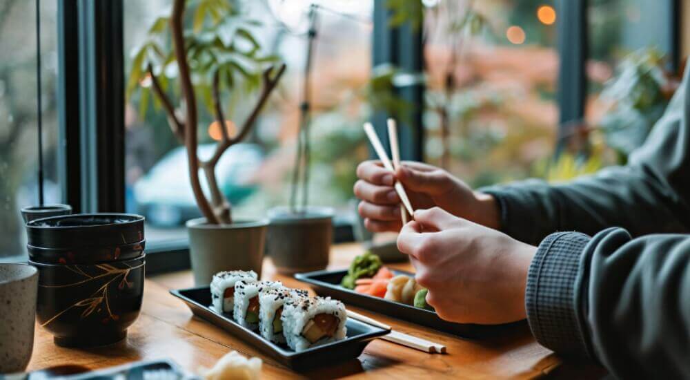 Personne mangeant des sushis dans restaurant lumineux